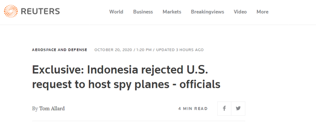 印尼拒绝美间谍机降落请求 不想被骗进反华运动中