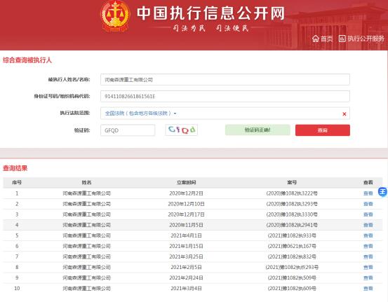 河南森源重工被强制执行3458万元 名下涉20项被执行人信息