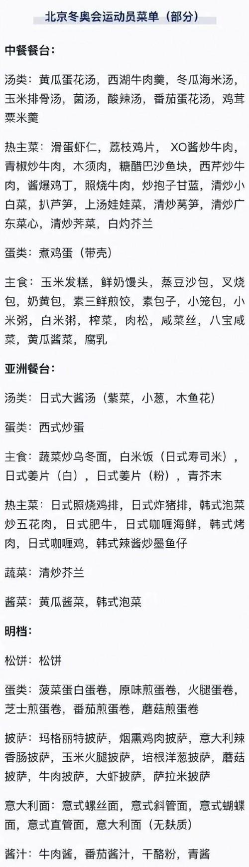 冬奥会运动员菜单发布网友看饿了