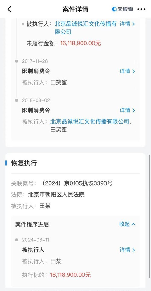 骗光朱丹积蓄女子被执行1611万 田笑蜜新增一则恢复执行信息